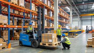 Electric stacker operating in a warehouse with pallet racks