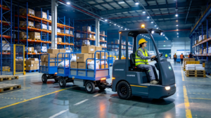 Electric tugger towing material carts in a warehouse