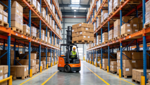 Electric stacker operating in a warehouse for pallet handling