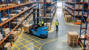 Electric stacker operating between warehouse pallet racks
