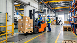 Electric pallet stacker handling materials in a warehouse