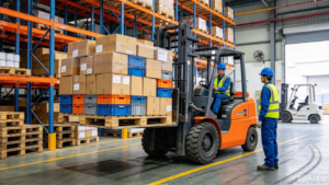Electric stacker lifting a loaded pallet in a warehouse