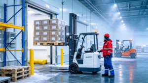 Electric stacker lifting a loaded pallet in a warehouse