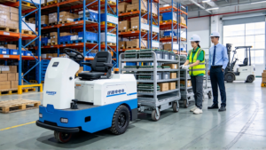 Electric tugger pulling multiple warehouse carts
