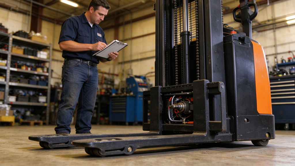 Pre-operation inspection of an electric stacker's forks and mast
