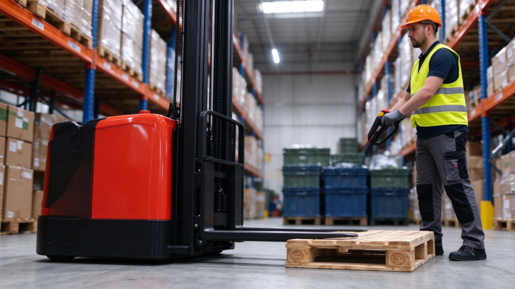 Electric stacker forks aligned with a wooden pallet