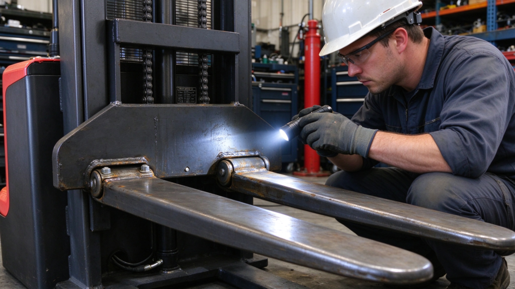 Electric stacker forks and mast components during a pre-operation inspection