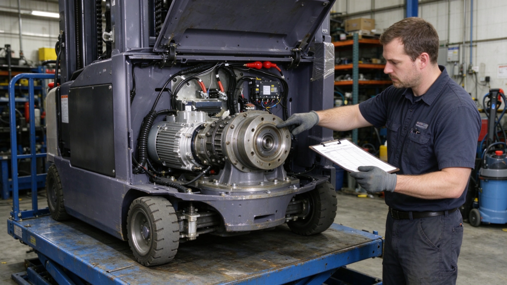 Technician inspecting an electric motor on warehouse handling equipment