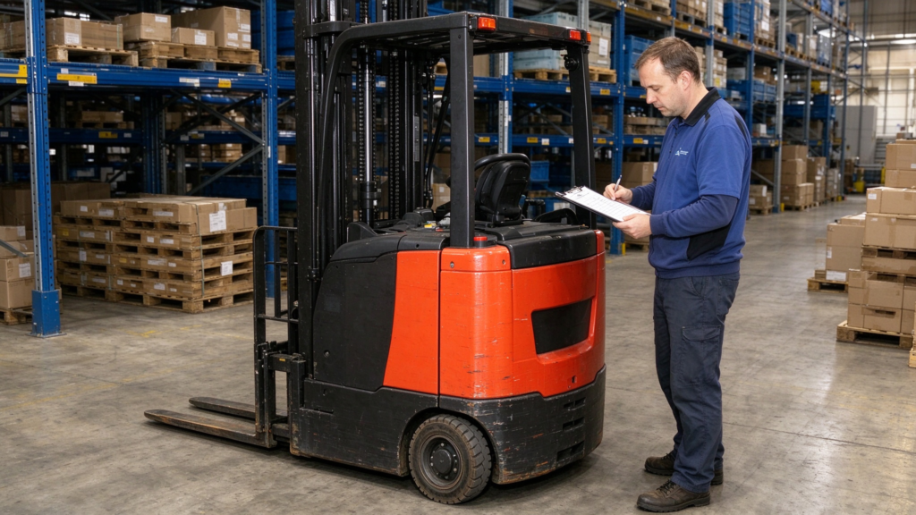 Operator checking the safety controls on an electric stacker