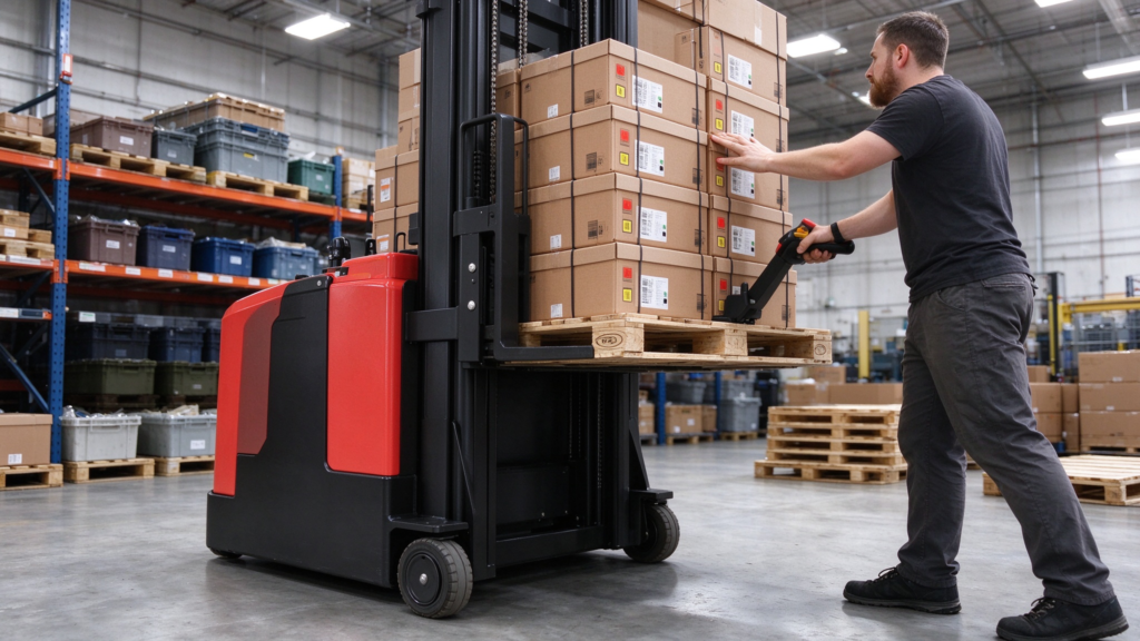 Electric stacker transporting a pallet in a warehouse