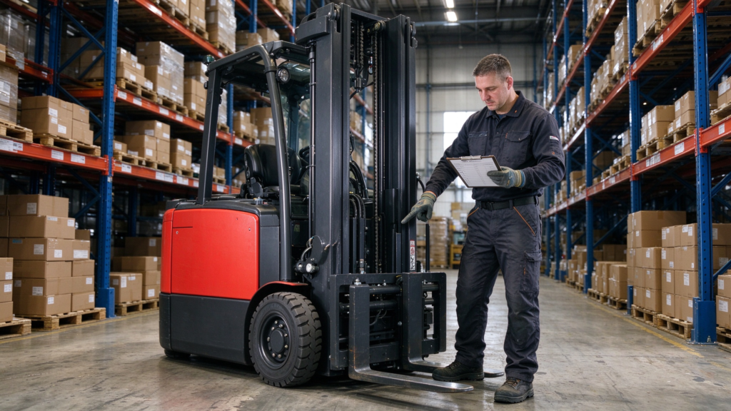 Operator visually inspecting the frame and mast of an electric stacker